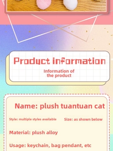Specifiche del portachiavi a gatto in peluche con dettagli su materiali e dimensioni