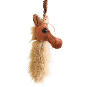 Plush horse head keychain with brown fur and white facial markings on a white background