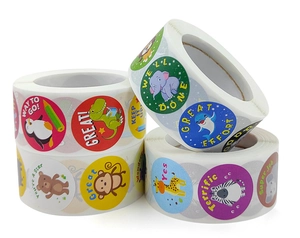 Detailed view of teacher reward stickers featuring colorful cartoon animals and phrases
