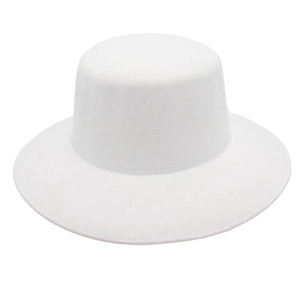 Close-up detail of smooth white felt fabric and fine stitching on the wide brim flat top hat