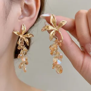 Boucles D'oreilles Pendantes Fleurs Avec Cristal Champagne Et Tige En Argent Sterling 925 Bijoux Style Français Rétro