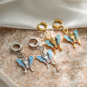 Vintage titanium steel butterfly drop earrings with colorful enamel hearts and butterfly