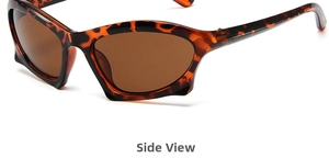 Detail view of leopard print steampunk sunglasses with dark brown polarized lenses