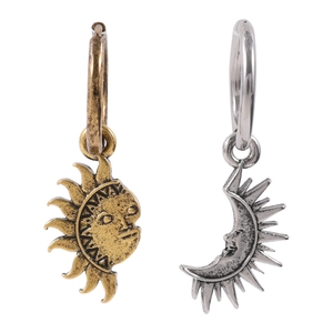 Asymmetric sun and moon charm earrings in vintage gold and silver titanium steel