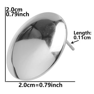 Detailed view of polished 304 stainless steel round stud earring with size measurements