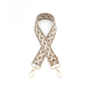Détail d'une bandoulière tissée colorée avec motifs géométriques beige et marron et clips