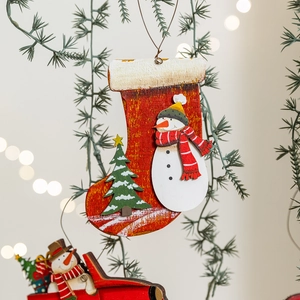 Red Christmas stocking wooden ornament featuring a cute snowman and festive tree motif
