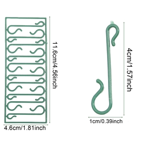 Set of green S-shaped plastic hooks for Christmas ornaments with detailed size measurements