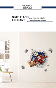 3D Santa Claus and reindeer wall sticker with realistic broken wall effect for home decor