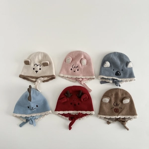 Baby Winter Knitted Hat Warm Ear Protection Cap With Cotton Lining Cute Animal Embroidery Toddler Infant Lace-up Beanie