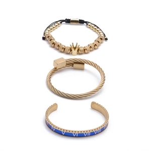 Golden Roman numeral cuff bracelet set with crown charm and twisted rope bangles