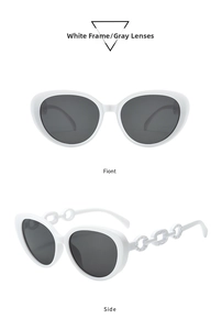 Detail of white chunky cat-eye frames with unique triple-ring hollow chain temple design