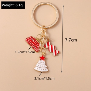 Detailed view of Christmas keychain with candy cane and tree pendants plus dimensions