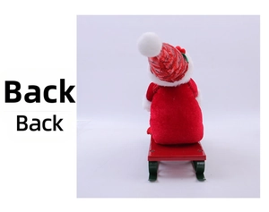 Rear view of Santa Claus doll sitting on a red sleigh with sequined hat decoration