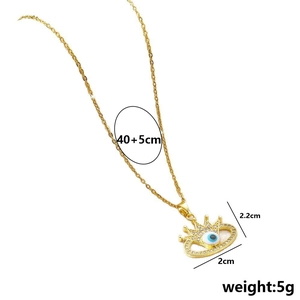 Gold Evil Eye pendant necklace with cubic zirconia crown design and measurement details
