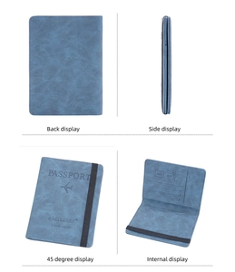 Detail view of blue RFID passport wallet with elastic strap and multi-card internal slots