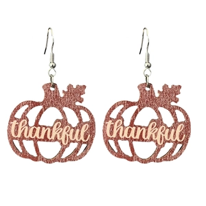 Brown wooden pumpkin earrings with thankful cutout design for Thanksgiving