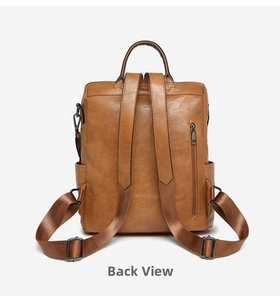 Detailed back view of brown leather backpack with adjustable straps and anti-theft pocket