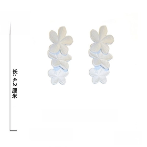 Detail view of matte white floral earrings with 925 silver needle and alloy core