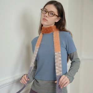Y2K gradient faux mink fur narrow scarf with orange to purple ombre plush texture