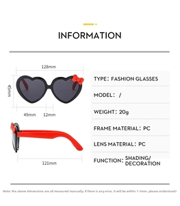 Detailed dimension guide for kids heart-shaped sunglasses with cute bow and red temples