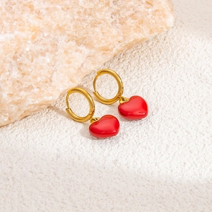 Chic 18k gold plated stainless steel hoop earrings with glossy red heart pendants