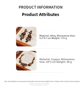 Detailed product specifications for vintage square leaf necklace and earring set with red rhinestones
