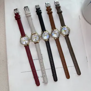 Five assorted leather quartz watches for women with rhinestone bezels and numerical dials