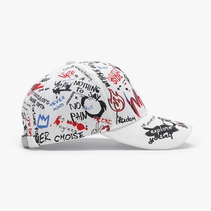 White street style baseball cap with colorful graffiti prints and adjustable metal buckle