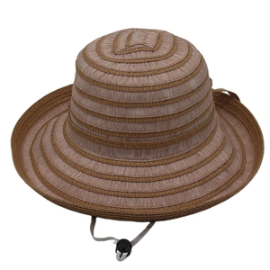Close-up of tan striped straw sun hat featuring adjustable grey drawstring and fine weave texture
