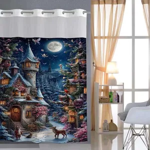 Dettaglio della tenda doccia impermeabile con foresta di castello fantasy e occhielli