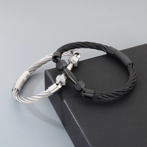 Industrial steel wire cable bracelets with mechanical cylinder clasps in black and silver