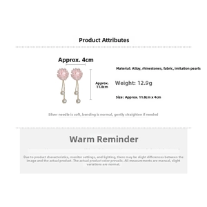 Macro detail of pink flower tassel earrings with rhinestone and pearl material specs