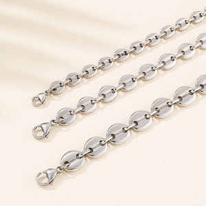Three sizes of silver stainless steel coffee bean link chain necklaces with lobster clasp