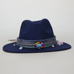 Navy wool felt fedora with ethnic woven band, turquoise stone and pink tassels decoration