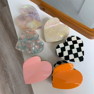 Heart Shaped Hair Claw Clip Acetate Checkered Pattern Color Block Korean Sweet Style Hair Accessories For Women Girls