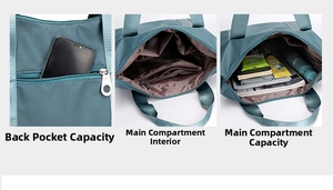 Detailed view of teal nylon tote compartments for tablet and daily items