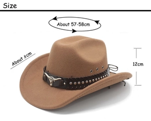 Detail view of western cowboy hat with cattle skull buckle and size dimensions labels