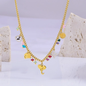 Golden clavicle necklace featuring colorful elephant pendants and floral charms