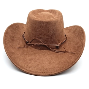 Detail of dark brown suede cowboy hat with thin leather cord and simple knot design