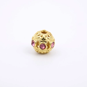 Hollow gold-plated round bead charm with purple zircon inlay for DIY jewelry design