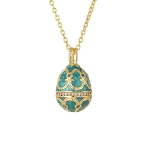 18K gold plated Russian Easter egg necklace with green enamel and micro-set cubic zirconia