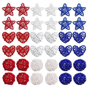Detailed arrangement of 36 red, white, and blue rattan stars, hearts and spheres for decor
