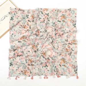 Floral print cotton linen scarf with handmade tassels and colorful flower patterns