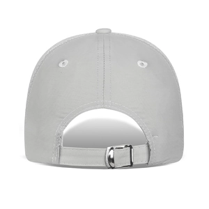 Rear view of lightweight mesh baseball cap in light grey with metal adjustable strap buckle