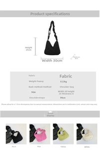 Detailed view of seersucker bubble texture shoulder bag with bow knot and size chart