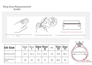 Ring size guide for Moissanite rings showing measurement steps and size chart
