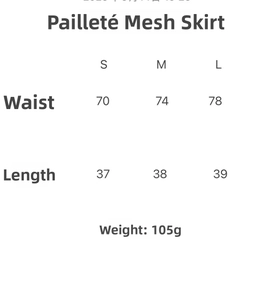 Größentabelle für Pailletten-Netzrock mit Maßen für Taille und Länge in S, M, L