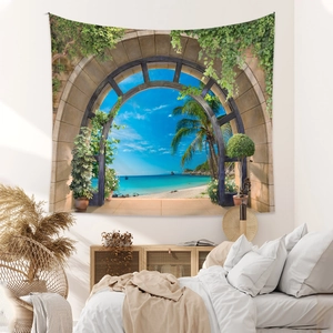 Détail de la tapisserie bohème avec vue 3D sur plage tropicale pour décoration