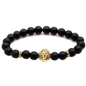 Matte black stone beaded bracelet featuring a golden lion head and metallic spacers
